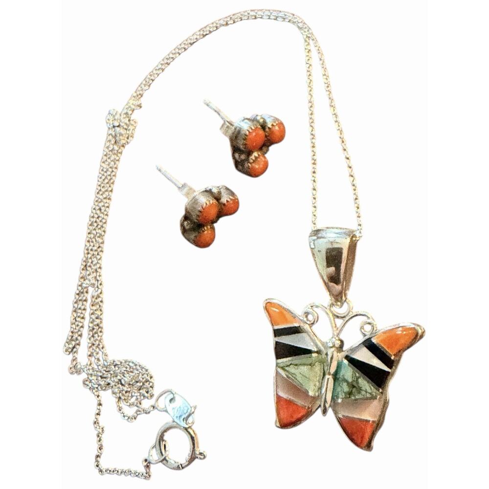 Navajo Sterling Silver & Inlay Butterfly Necklace by ALDORA HENRY & Earrings Set - Picture 3 of 4